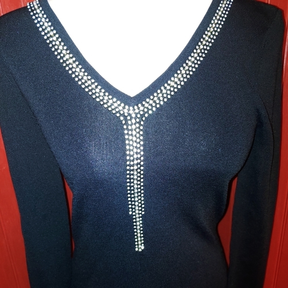 Belldini Black Rhinestone Bling V-neck Top S